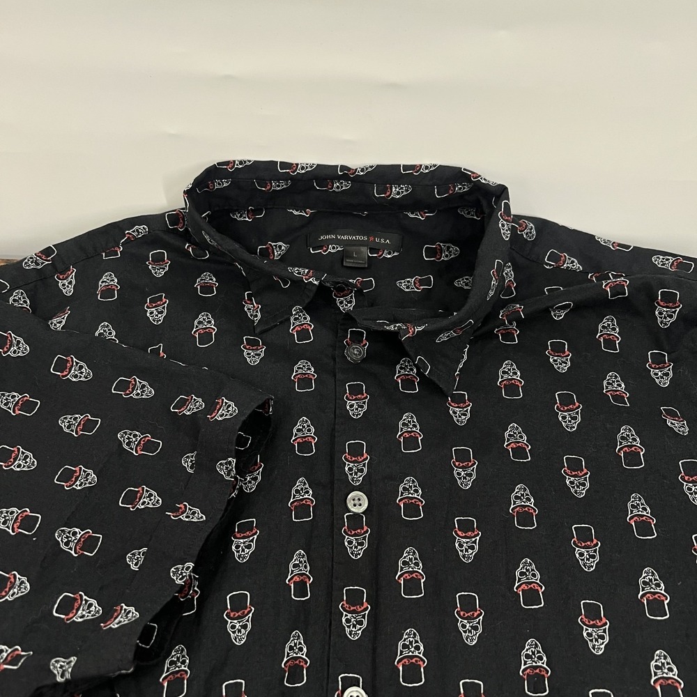 John Varvatos USA Skull Top Hat Button Down Short Sleeve Shirt Size Large